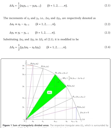 Figure 1 Sum of triangularly divided areas. The respective triangular area ΔSk, which is surrounded bythree vertices of O(0, 0), Pk-1(xk-1, yk-1) and Pk(xk, yk), is introduced as