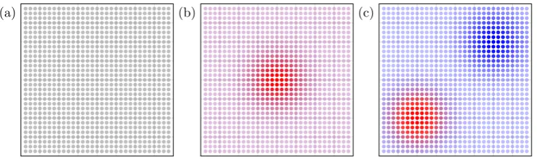 Figure 1.3: (a) Time independent quantum dynamics methods expand the wave-function statically, (b) the expansion coeﬃcients associated with each basis func-tion result in the correct amplitudes in coordinate space and (c) time evolution ofthe wavefunction occurs via changing of these coeﬃcients.