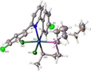 Figure 2.6 Crystal structure of 7-Bu(c)Cl2, 88.5(2); C1 Pt1-N7, 79.4(3); C1 Pt1-C20, 92.8(4); P1-Pt1-Cl1, 85.74(9); P1-Pt1-Cl2, 171.07(9); Cl2-1.518(14); C20-C21, 1.531(13); C18-P1-Pt1, 100.9(3); C1 Pt1-Cl1, 174.4(2); C1 Pt1-P1, 91.5(2); C1 Pt1-Selected bo