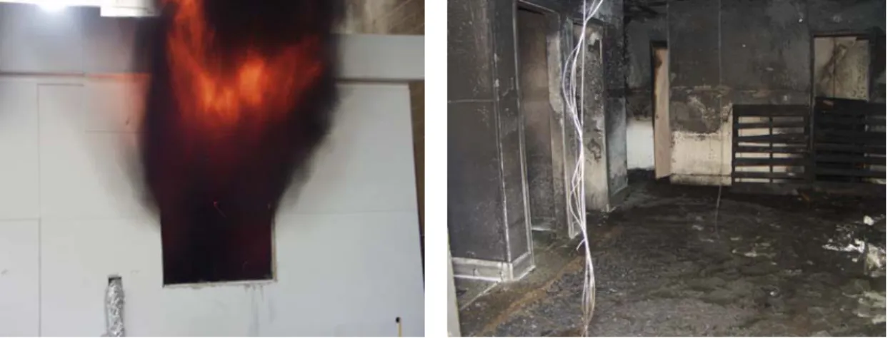 Figure 5.  Test 2, exterior view of fire room during flashover and post test interior of fire room