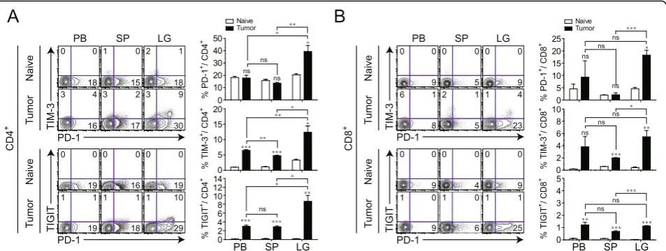 Fig. 4 Differential expression of immune checkpoint (IC) molecules on CD4+ and CD8+ T cells in mice with lung cancer