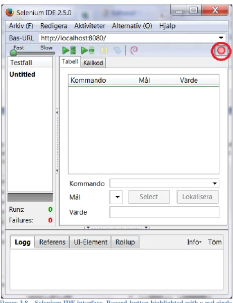 Figure 3.8 – Selenium IDE interface. Record-button highlighted with a red circle. 