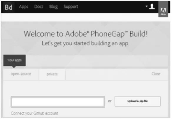 Figure	4.1	 The	first	page	that	appears	upon	loading	the	PhoneGap	Build	site.