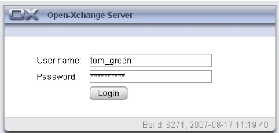 Figure 1.1. Logging-in in the Open-Xchange Server web interface.