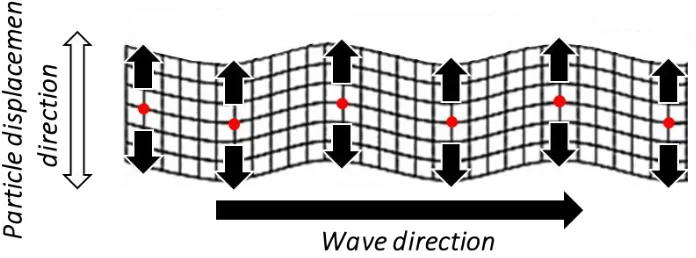 Figure 2.4. Pictorial representation of longitudinal wave showing the particle displacement direction with respect to the direction of wave propagation 