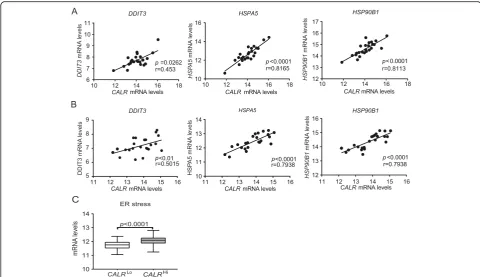 Fig. 2 CALR exposure correlate with robust intracellular stress response in the TME. Correlation betweenHSP90B1 CALR mRNA levels and DDIT3, HSPA5, or mRNA levels in PT (a) and MT (b) samples of 24 patients with HGSC from study group 1 and in (c) 302 patien