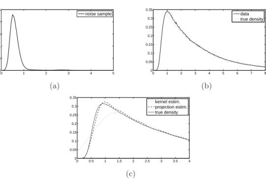 Figure 3. (a) Noise sample. (b) Fluorescence data and target density f . (c) Estimators for fluorescence data and target density f .