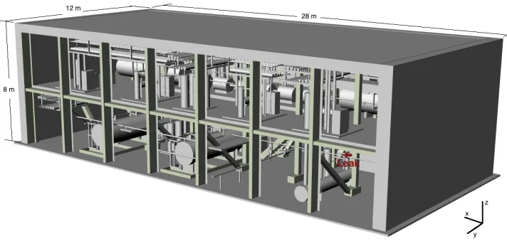Fig. 1: Experimental rig with dimensions. Location of the leaks are also highlighted inred.