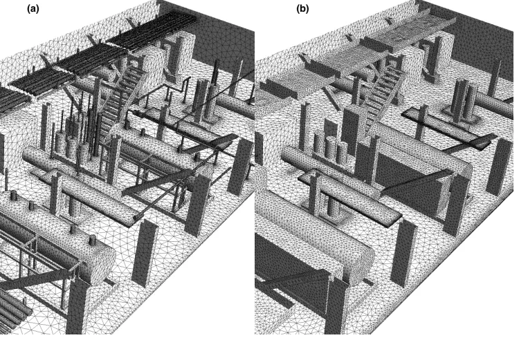 Fig. 2: Surface mesh used for (a) geometry with resolved small-scale objects and (b) meshwith small-scale objects represented using porous regions