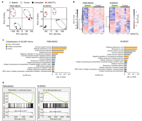 Fig. 3 Poly(I:C)c triggers transcriptional reprogramming of MDSC. Mice with orthotopic T110299 tumors were treated twice with poly(I:C)c prior tosacrifice as described before