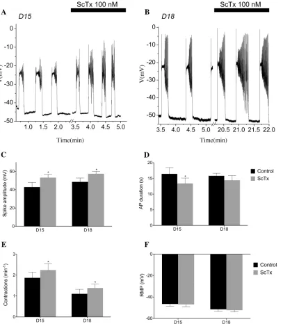 Fig 14. ScTx modulates AP frequency, duration, and spike amplitude. Spontaneous electrical activity recorded from the longitudinal layer of D15 & D18murine myometrium (A, B)