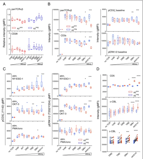 Fig. 1 Baseline expression levels of the TCR/CD3 complex, CD5 and c-CBL and phosphorylation levels of CD3ζ and ERK upon stimulation inrelation to HLA-A2