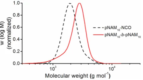 Figure 3. Normalized SEC traces (SEC: CHCl3) of the initial polymer pNAM10-NCO (dashed black 