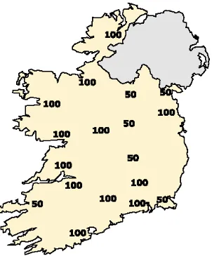 Fig. 8:  Capacity for New Generation (MW) in Ireland at 110kV stations in 2006 [12].   