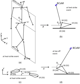Fig. 3. Definitions of four walking locomotion parameters: (a) trunk angle; (b) angle of attack; (c) step width; (d) end-of-step angle