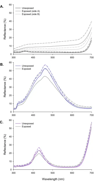 Fig 6. The effect of field exposure on fabric reflectance spectra. (A-C) Each panel shows the reflectance spectrarecorded for unexposed (black and coloured lines), and exposed (grey lines) fabric samples