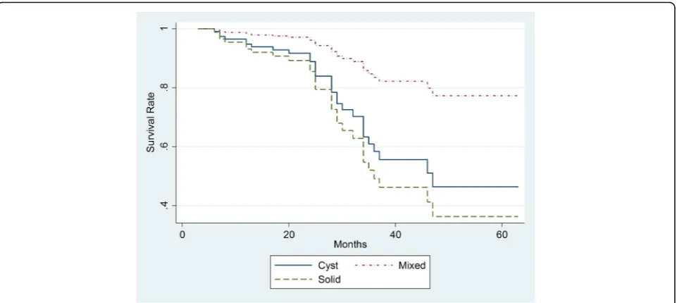Fig. 4 The Kaplan–Meier Plots of overall survival time for all follow-up patients based on mass component on MRI