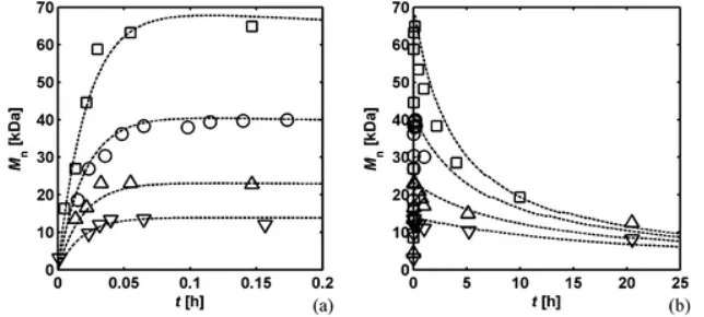 Fig. 14. A comparison of experimental [41] and modelling results (number average molecular 