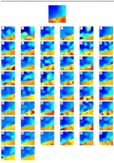 Figure 10. (Model 1) The true log-permeability ﬁeld (top), and 50 local minimisersarising from minimisation initialised at draws from a smoothed prior distribution.Simulation 12 has the lowest functional value, withI u(MAP12,aMAP12)=2847.