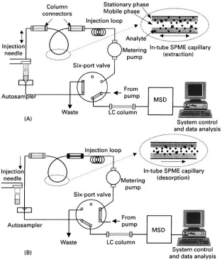 Figure 3Schematic of the in-tube SPME/LC/MS system. (A) Load position (extraction phase); (B) injection position (desorptionphase)
