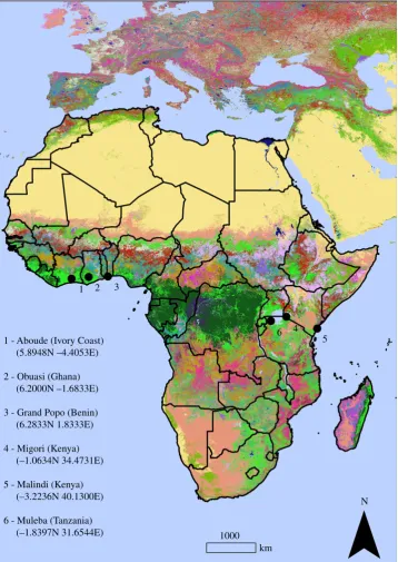 Figure 1. Location of the GAARDian sampling sites, shown on a land cover background (GlobeLand30 land covers)