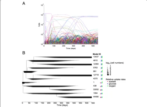 Fig. 1 Evolutionary dynamics in silico. a Numbers of surviving cells (i.e., post dilution) after each simulated cycle on a logarithmic scale