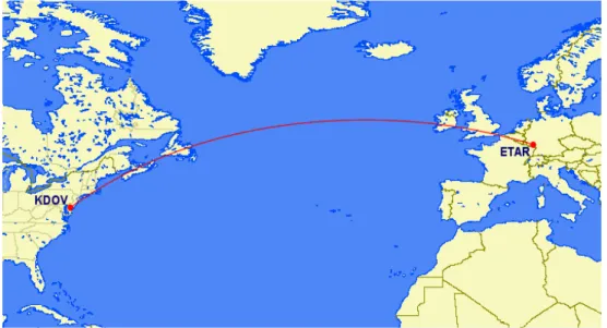 Figure 4. Projected great circle flight path for a mid-latitude Atlantic flight depart- 	
  