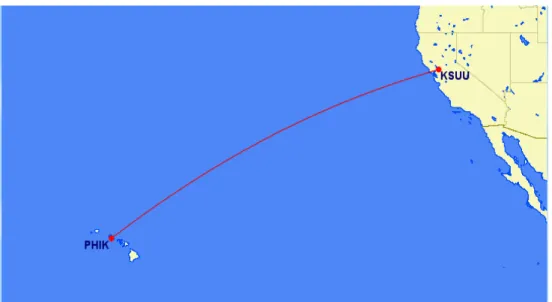 Figure 5. Projected great circle flight path for a low-latitude Pacific flight depart- 	
  