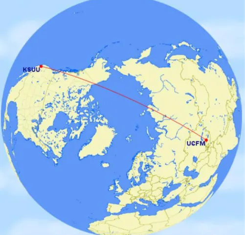 Figure 7. Projected great circle flight path for an over the pole flight departing from Travis AFB, CA and arriving at Manas AB, Kyrgyzstan
