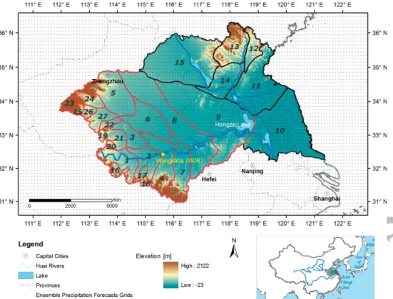 Figure 1. Elevation map of 27 Huai sub-basins (refer to Table 1 for their characteristics) located in central east China