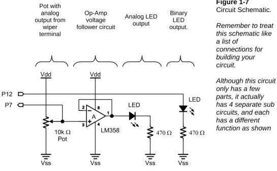 Figure 1-8 shows a breadboard example of the schematic from Figure 1-7. For extra tips  on building circuits on the breadboard, consult What’s a Microcontroller? 