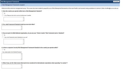Figure 1. On-line survey snap shot  The on-line survey contained the questions outlined below: 