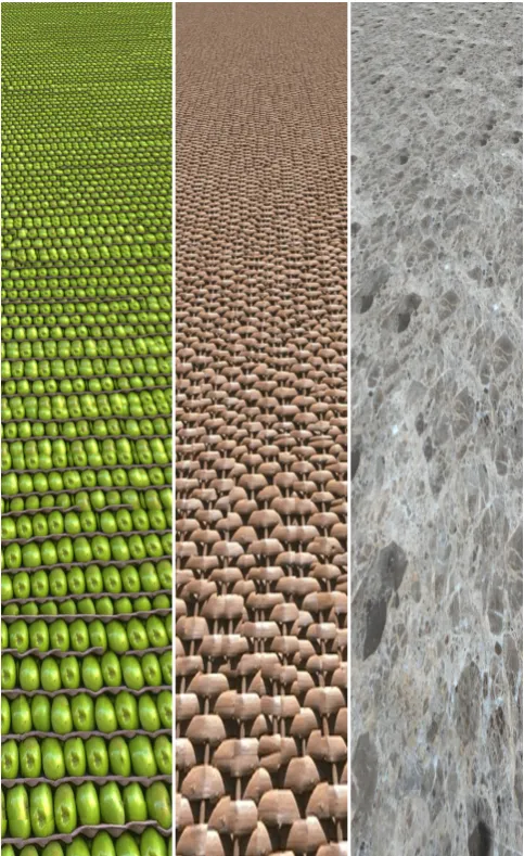 Fig. 1: Output textures from our algorithm displaywhite-noise properties, without using cache (images arelinearly transformed without interpolation to vanish atthe horizon, results without oﬄine manual tuning)