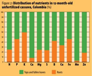 Figure 21 Distribution of nutrients in 12-month-old  unfertilized cassava, Colombia (%)
