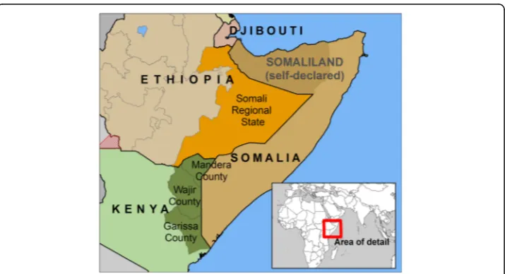 Fig. 1 The Horn of Africa, showing administrative areas of Kenya and Ethiopia that are predominantlyinhabited by Somalis