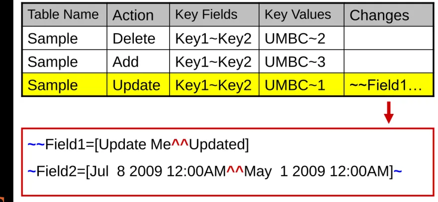 Table Name  Action  Key Fields  Key Values  Changes  Sample  Delete  Key1~Key2  UMBC~2 