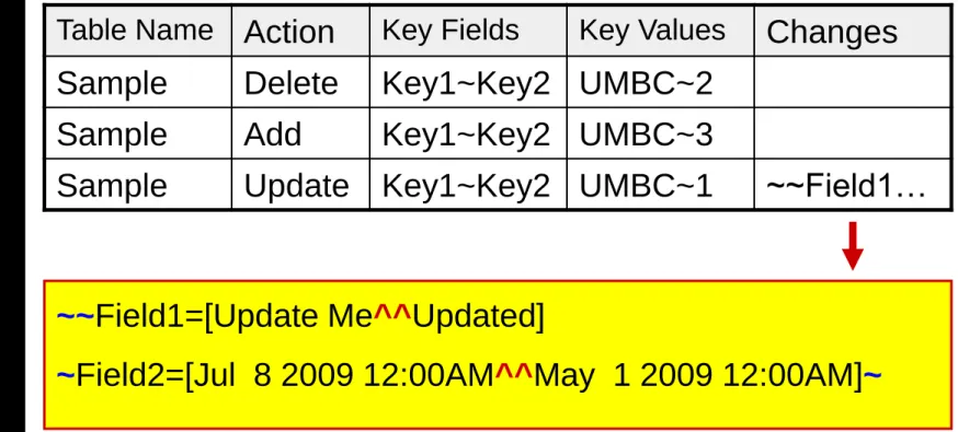 Table Name  Action  Key Fields  Key Values  Changes  Sample  Delete  Key1~Key2  UMBC~2 