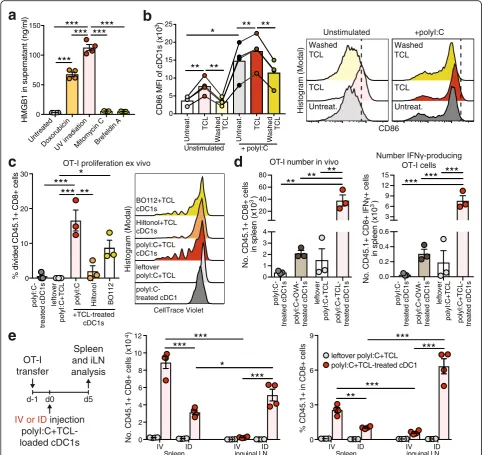 Fig. 2 TCL induces cDC1 activation and TCL-loaded cDC1s generate optimal CD8+ T cell activation in vivo.OT-I cell number and number of IFNOT-I number and frequency was determined by flow cytometric quantification in spleen and draining lymph node (iLN) 5 d