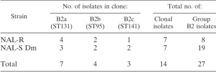 TABLE 4. Distribution of group B2 isolates into different clones according to their susceptibility to NAL
