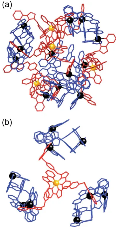 Fig. 7Five-layer aromatic stack in the structure of [Ru(Lyellow and green, respectively, and electron de4Cd12(Lph)12-naph)12](PF6)7(BF4)25 with electron-rich phenyl and naphthyl rings inﬁcient pyrazolyl–pyri-dine units in red