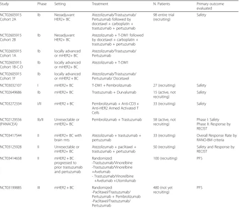 Table 3 Clinical trials testing the association of checkpoint inhibitors and HER2-targeted treatment in HER2 + BC