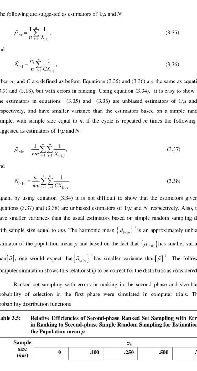 Table 3.5:   Relative  Efficiencies  of  Second-phase  Ranked  Set  Sampling  with  Errors  in Ranking to Second-phase Simple Random Sampling for Estimation of  the Population mean  