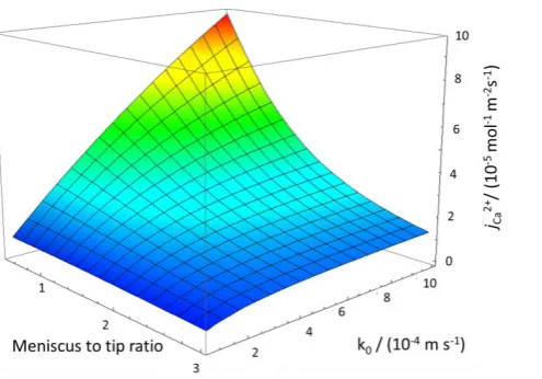 Fig 8: Simulated results showing Ca2+ flux (mol m-2 s-1) vs. intrinsic rate constant of dissolution (m s-1) vs