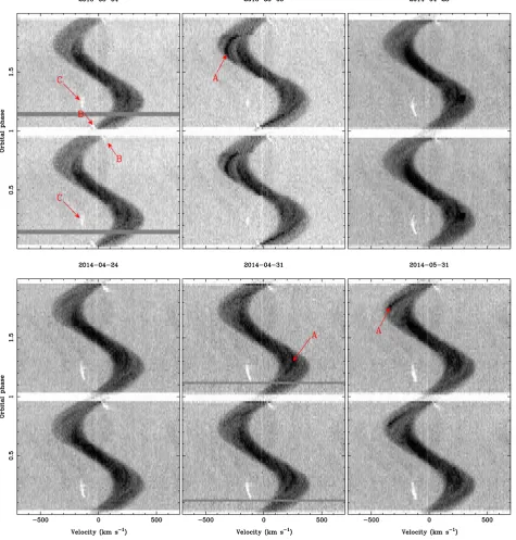 Figure 2. Phase-folded trailed spectrograms of the Ca II 3934 Å line, data shown twice for visual continuity
