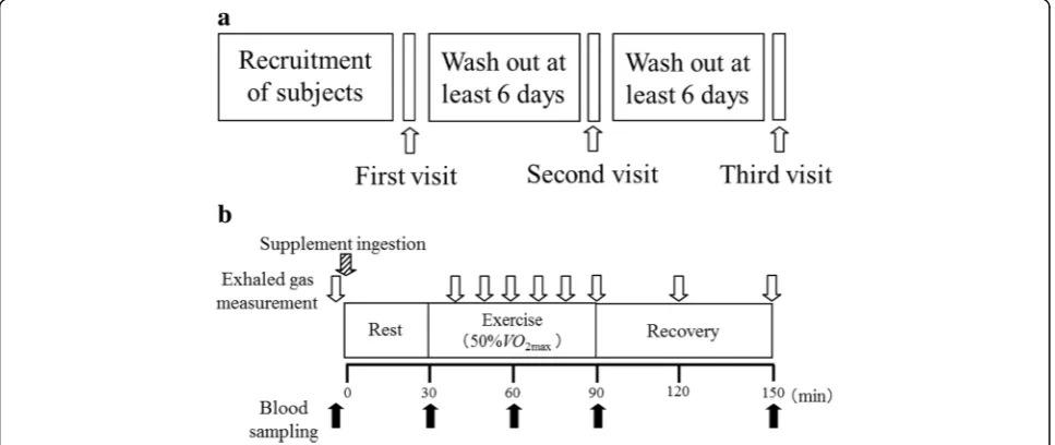 Fig. 1 Study design: Study schedule a and schedule on experimental trial days (Visit 2 and Visit 3; b)