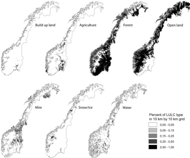 Fig. 1. Spatial distribution of the seven land use/land cover types in Norway shown as proportions in 10 km  10 km grid cells.