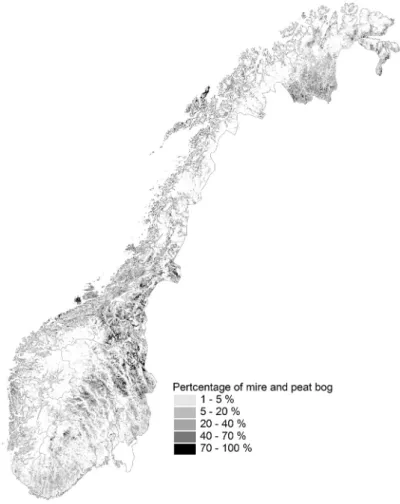 Fig. 2. Distribution of the land cover class Mire and peat bog in Norway.