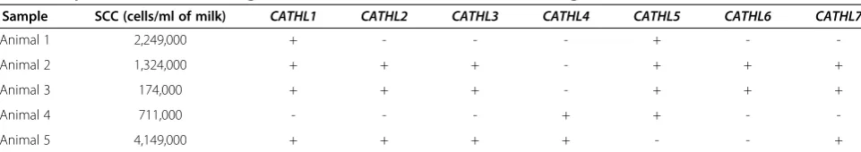 Table 2 Expression of cathelicidin genes 1-7 in 5 Holstein Friesian cows with high somatic cell count (SCC)