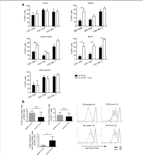 Fig. 6 hRT/IL-2c combination treatment strongly promotes the expansion of peripheral T and NK cells which can infiltrate the irradiated tumor.a Mice bearing a B16-CD133 tumor were treated with hRT alone or hRT followed by i.p