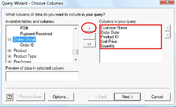 Figure 6 - Selecting Fields to Import in the Microsoft Query Wizard 